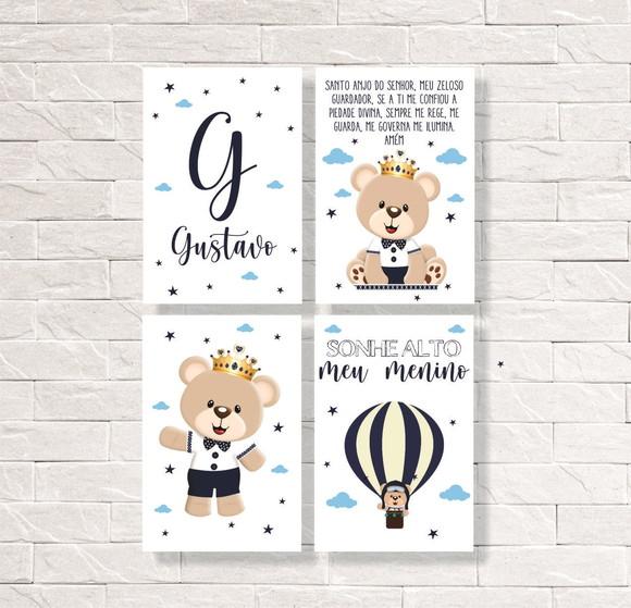 Kit com 4 Placas Decorativas Urso Azul mdf 20x30cm