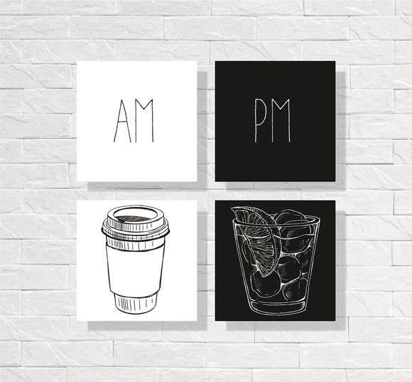 Kit com 4 Placas Decorativas Cozinha Café Drink mdf 30x30cm