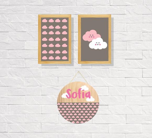 Kit 2 Placas Decorativas Nuvem 30x40 + Porta Maternidade