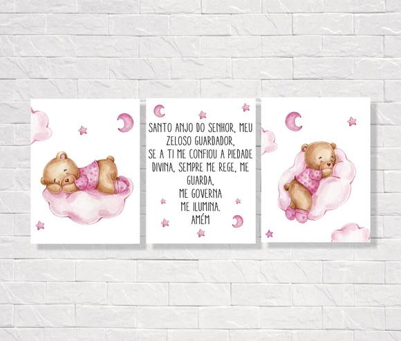 Kit com 3 Placas Decorativas Ursinha Nuvem 20x30cm