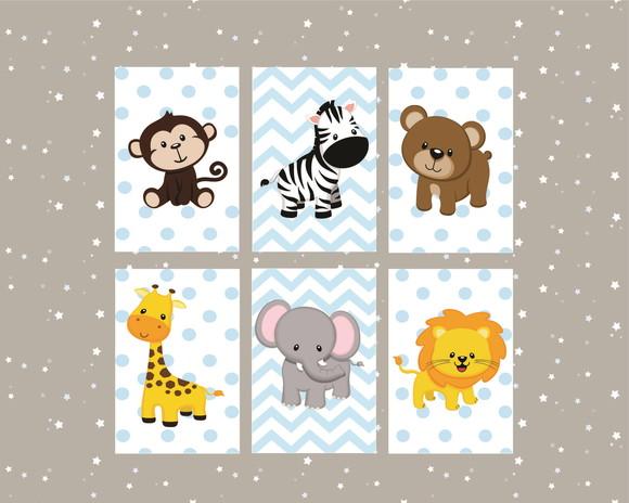 Kit com 6 Placas Decorativas Safari Infantil Azul em mdf