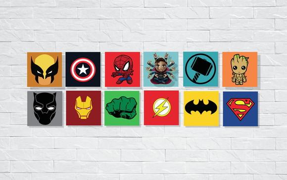 kit com 12 Placas decorativas super heróis em mdf