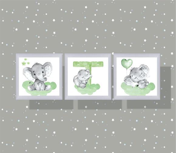 kit com 3 Placas decorativas elefantinho 30x30cm