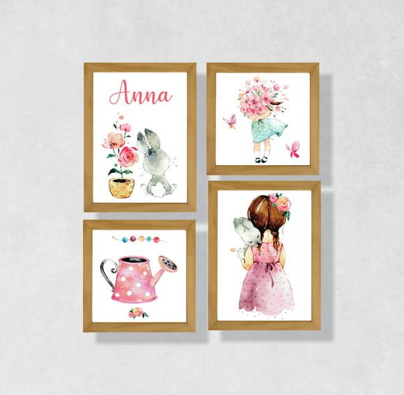 Kit com 4 Placas decorativas infantil menina flores em mdf