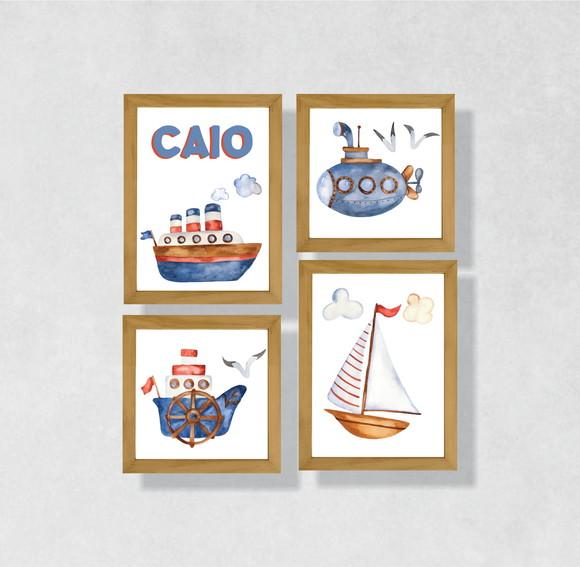 Kit com 4 Placas decorativas infantil navio barco em mdf