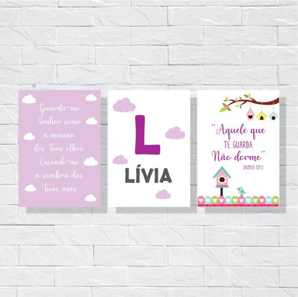 Placas Decoração Infantil passaros lilás em mdf 20x30cm