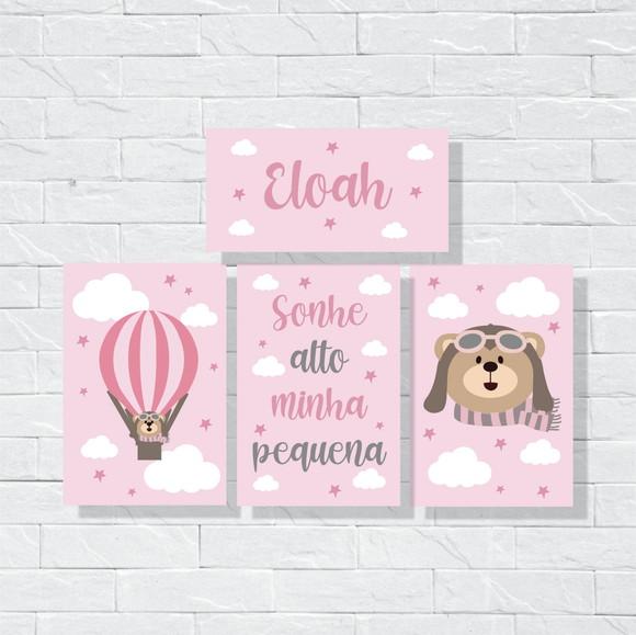 Placas Decoração infantil ursa baloeira rosa com nome em mdf