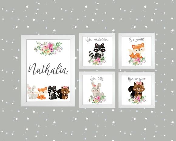 kit com 5 Placas decorativas bosque nome em mdf