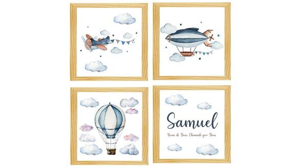kit com 4 Placas decorativas menino infantil avião