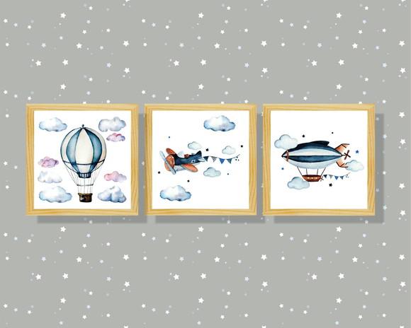 kit com 3 Placas decorativas menino infantil avião 20x20cm