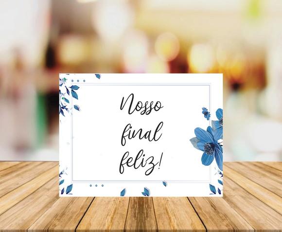 Placa de Casamento Nosso Final Feliz Fundo Branco Flor Azul