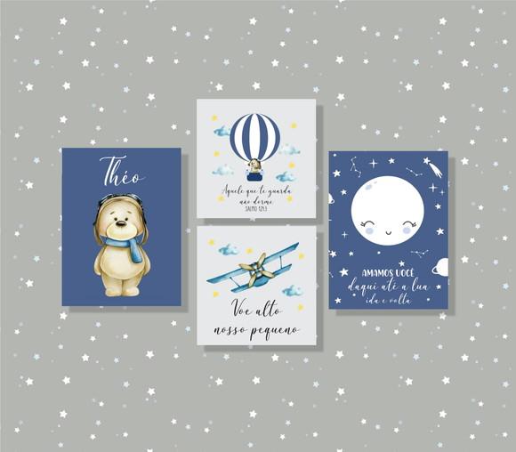 Kit com 4 Placa Decorativa infantil urso aviador em mdf