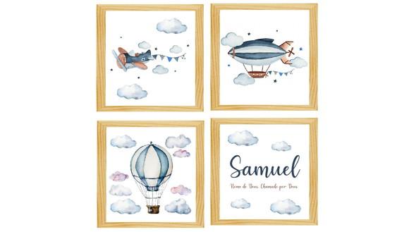 kit com 4 Quadros decorativos menino infantil avião