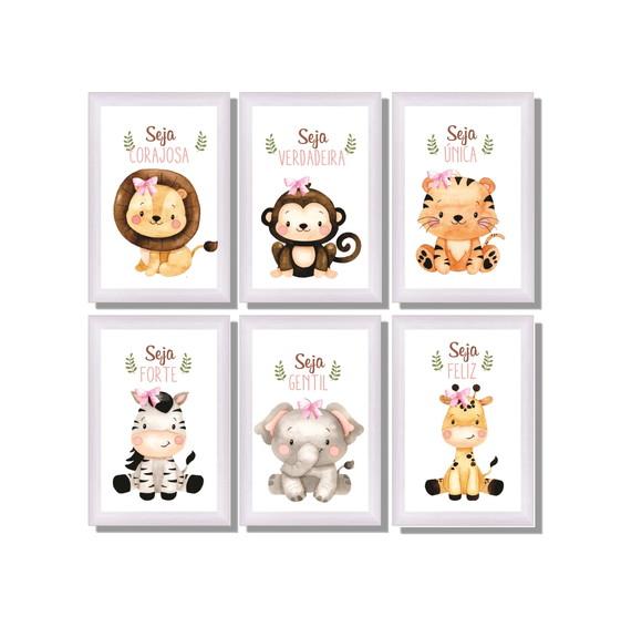 kit com 6 Placas decorativas safari baby menina borda cinza