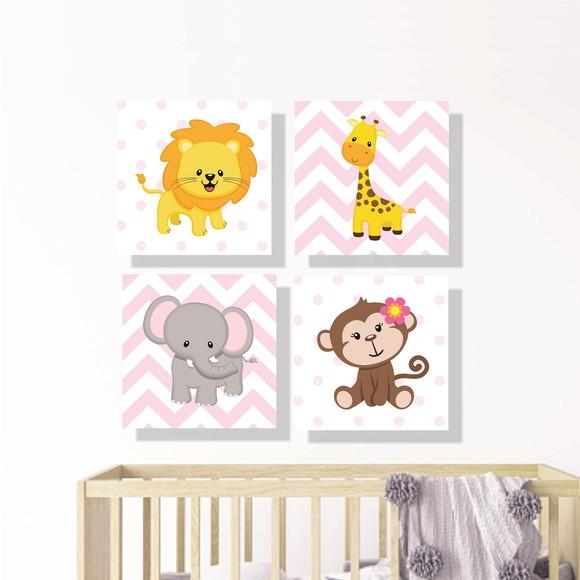 Kit 4 placas decorativas zoo safari rosa em mdf 20x20cm