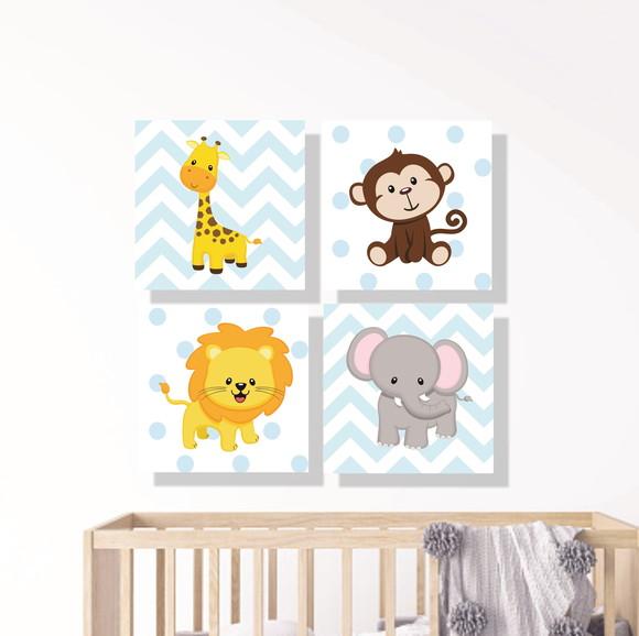 Kit 4 Placas Decorativas Zoo Safari azul em MDF 20x20cm