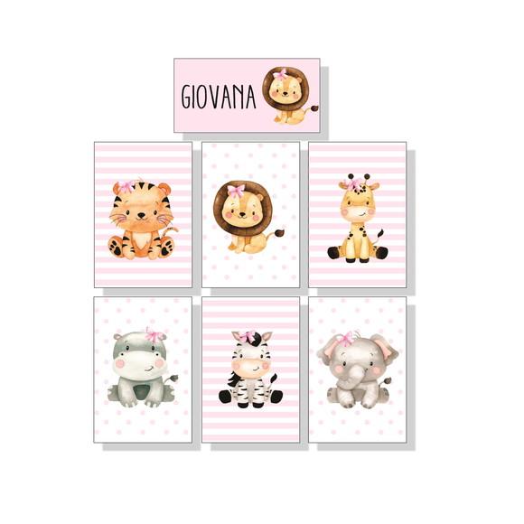 kit 6 Placas decorativas safári infantil + brinde placa nome