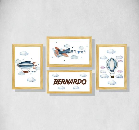 kit 4 Placas decorativas infantil avião em mdf