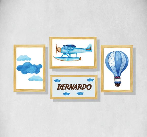 kit 4 Placas decorativas menino infantil avião em mdf