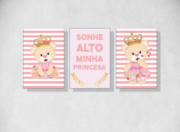 kit 3 Placas decorativas ursa princesa em mdf 20x30cm