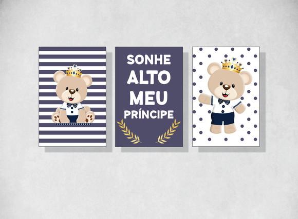 kit 3 Placas decorativas urso príncipe azul em mdf 20x30cm