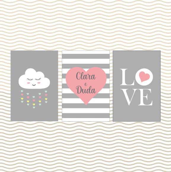 kit com 3 Placas decorativas infantil chuva de amor love