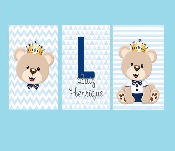 kit com 3 Placas decorativas infantil urso príncipe em mdf
