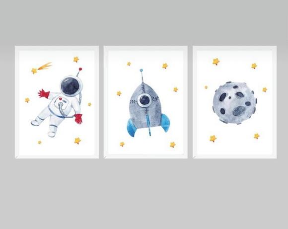kit com 3 Placas decorativas astronauta infantil 30x40cm