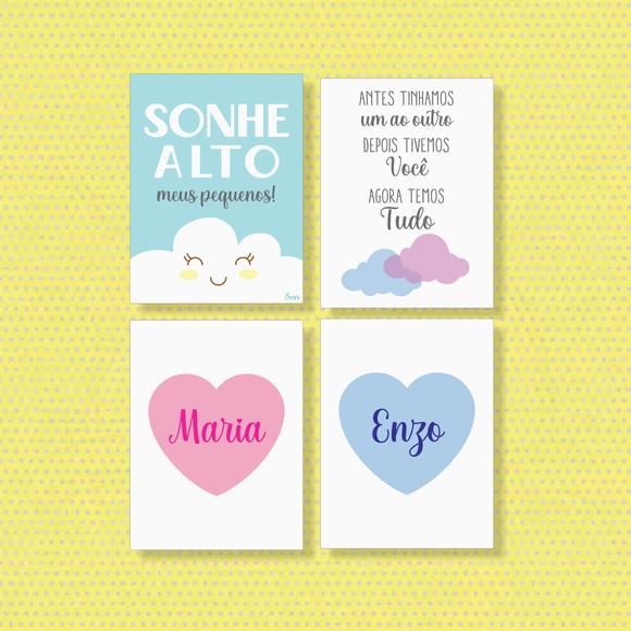 kit com 4 Placas decorativas sonhe alto meus pequenos nuvem