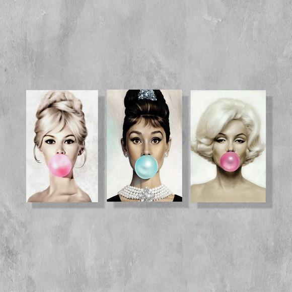 kit com 3 Placas decorativas Audrey Brigitte Marilyn 30x40cm