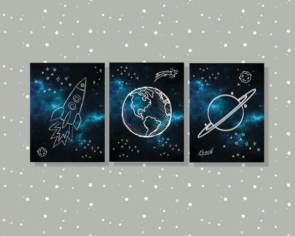 kit com 3 Placas astronauta universo foguete infantil em mdf