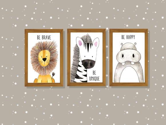 kit com 3 Placas decorativas safari infantil em mdf