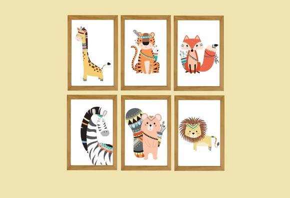 kit com 6 Placas decorativas safari infantil em mdf