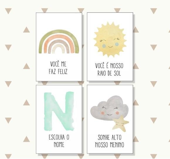 kit com 4 Placas Decorativas infantil arco íris em mdf