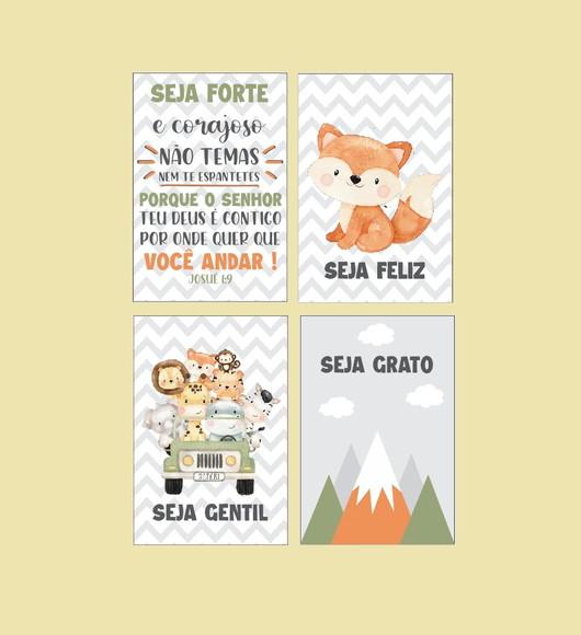 kit com 4 Placas decorativas safari raposa infantil em mdf