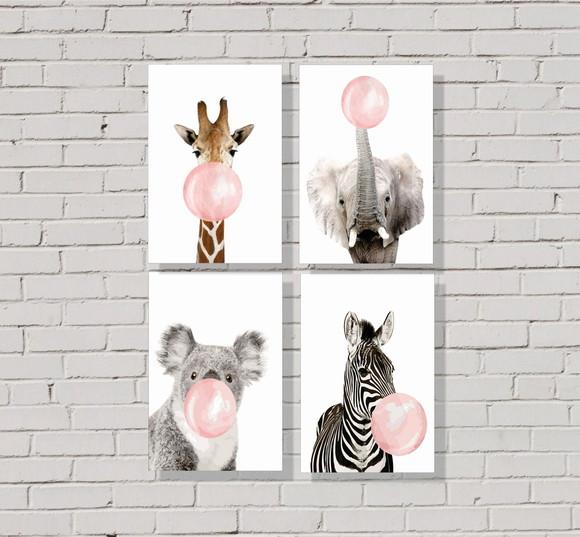 kit com 4 Placas decorativas Animais Mascando Chiclete 20x30