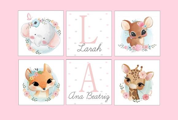 kit com 6 Placas decorativas safari infantil nomes em mdf