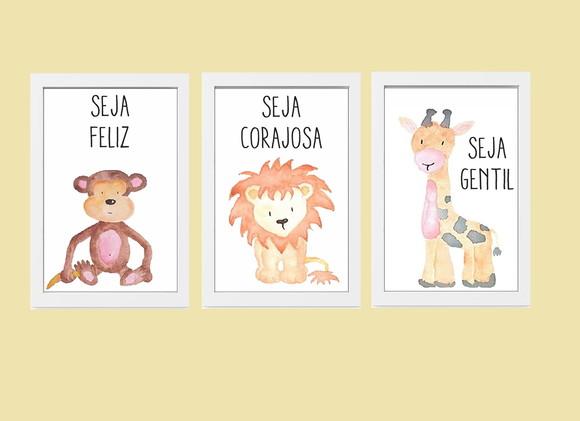 kit com 3 Quadros com moldura branca safari infantil 20x30