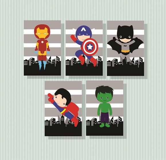 kit com 5 Placas decorativas super heróis infantil em mdf