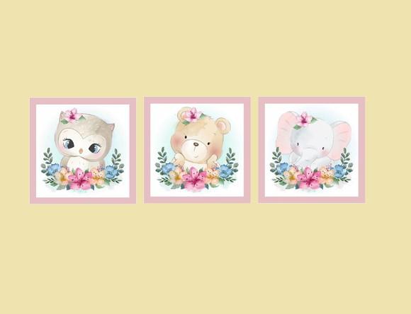 kit com 3Placas decorativas safári infantil flores mdf