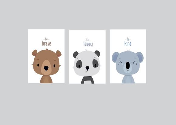 kit com 3 Placas decorativas infantil animais em mdf