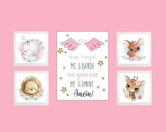 kit com 1 Placa decorativa e 4 quadros moldura safári