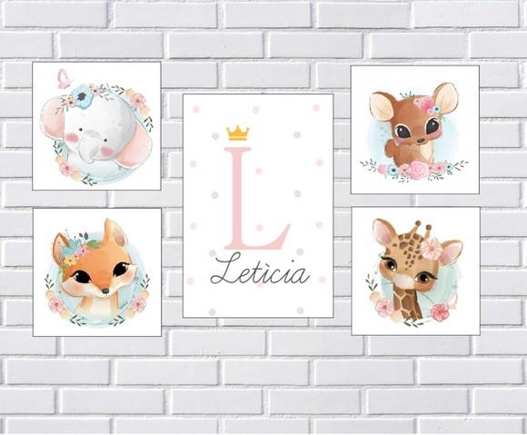 kit com 5 Placas decorativas safari baby nome em mdf