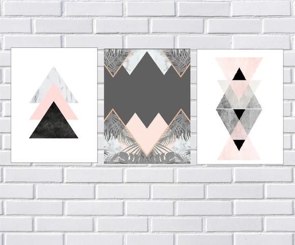 kit com 3 Placas decorativas geométricas rosa em mdf