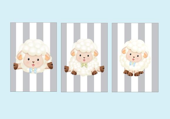 kit com 3 Placas decorativas ovelha infantil em mdf