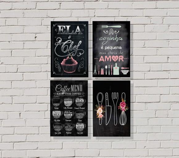 kit com 4 Placas decorativas cozinha quadro giz mdf 30x40cm