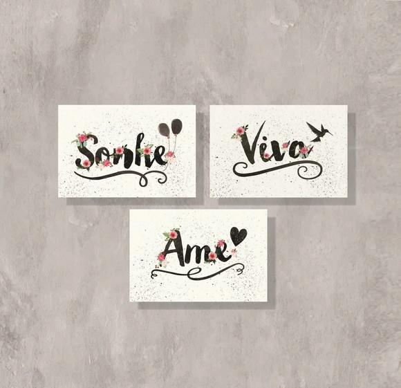 kit com 3 Placas decorativas sonhe viva ame em mdf 20x30cm