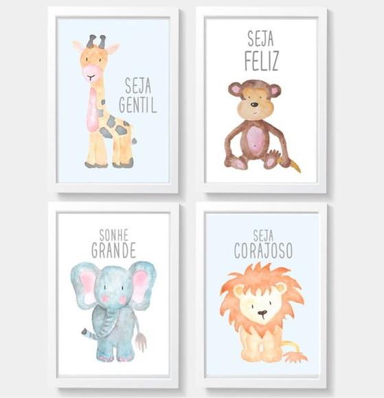 Kit com 4 Placa Decorativa safari infantil azul em mdf