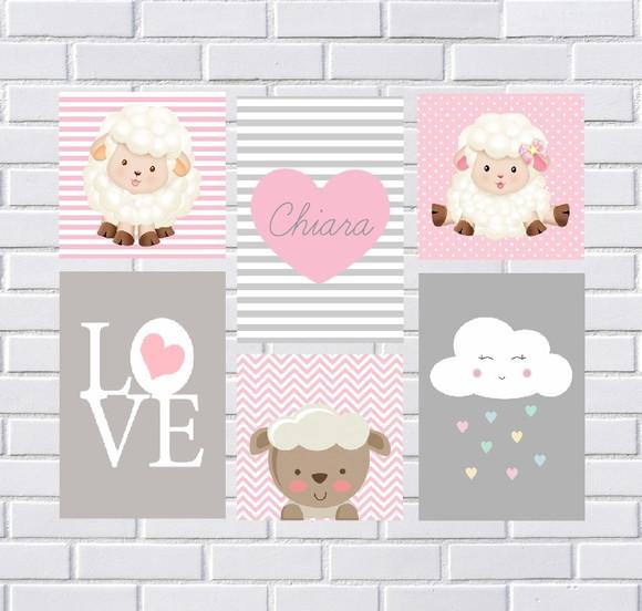 kit com 6 Placas decorativas infantil ovelha nuvem mdf