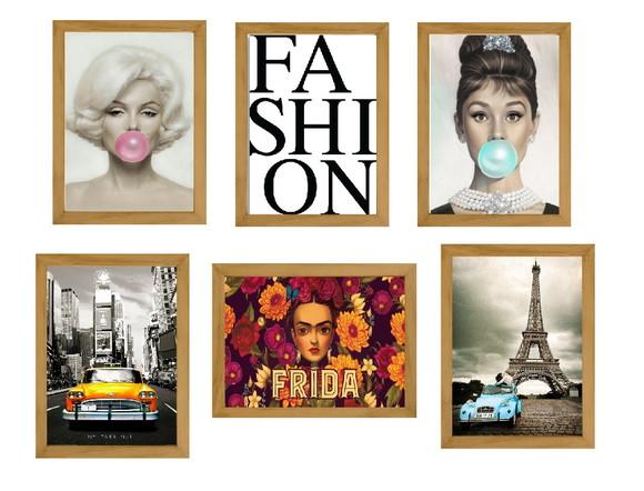 kit com 6 Placas decorativas pinup Marilyn Audrey 30x40cm